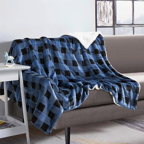 Elegant Comfort Luxury Ultra-Plush Velvet Touch Buffalo Plaid Fleece Throw - Soft, Warm, Cozy Micromink Sherpa-Backing Reversible Blanket for Bed, Sofa and Couch, Buffalo Blue - Image 5