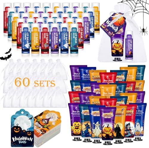 60 Pack Halloween Hand Cream and Lip Balm Set for Women, Halloween Gifts by KONEUK