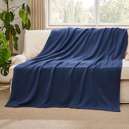 Bedsure 100% Cotton Blanket, Herringbone Weave, Twin-XL, Navy Blue - Image 5