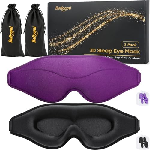 BeHoomi Sleep Mask, 2 Packs Premium Eye Mask for Sleeping, Total Blackout, Superior Soft Comfort, Upgraded 3D Ergonomic Designed Sleeping Mask for Home, Office, Travel, Meditation, Black & Purple by BeHoomi