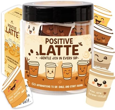 Positive Latte Affirmation Jar – 60pcs Cute Emotional Support Lattes – Coffee Gifts for Women, Men– Birthday Gift, White Elephant Gift for Coworker, Boss, Nurse, Teacher, Teens, Back to School Gifts by KATINAT