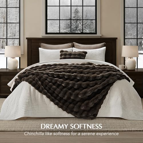 EverGrace Faux Rabbit Fur Bubble Throw Blanket, 50"x60", Dark Brown - Image 6