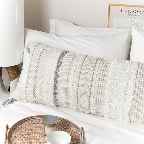 BlissBlush 20X54 Oversized Large Lumbar Pillow Cover for Bed, Rectangular Long Decorative Throw Pillowcase, Cotton Boho Accent Cushion with Gray Tufted Pattern and Tassels, Cream Neutral (Cover Only) - Image 7