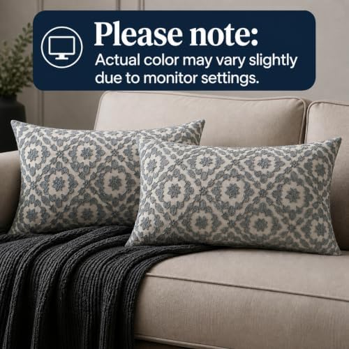 Throw Pillow Covers Decorative Lumbar Pillow Cover Silver 12 X 20 inch Mina Embroidered Trellis Cotton Canvas Bolster Pillowcase Grey 1 PC 30x50cm - Image 2