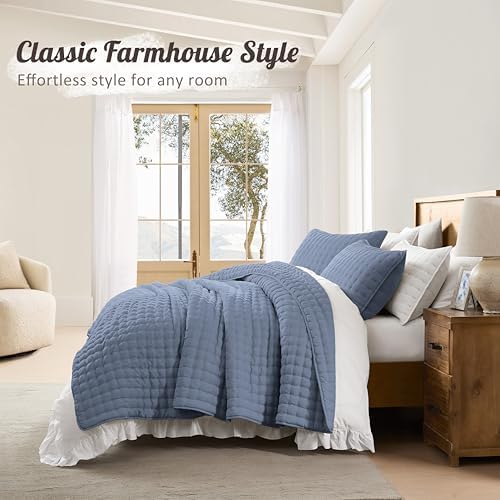 WDCOZY Dusty Blue Oversized King Quilt Set, California Cal King Rustic Bedspread, Lightweight Soft Farmhouse Coverlet, Spring Summer Thin Comforter, 3 Pieces, 2 Pillow Shams, 116x106 inches - Image 6