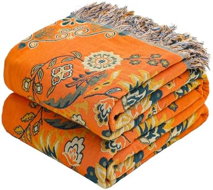 VANJOROY Boho Large Throw Blanket, 100% Organic Cotton Breathable Soft Bed Throw - Floral Farmhouse Decor Blanket for Sofa Couch Chair and Gift. 91" x 98"- Orange by CHOOSEVANJOROYENJOYAMORECOMFORTABLEFEELING