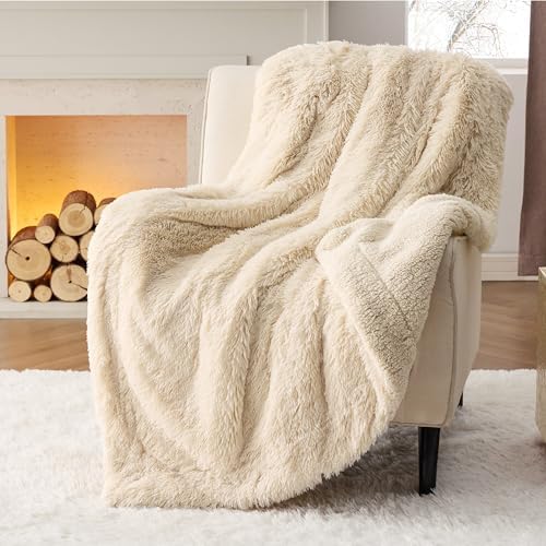 Bedsure Faux Fur Fluffy Fleece Sherpa Blanket Couch Throw Beige 50"x60" - Image 5