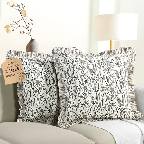 CPC Cocoa Vine Hand Block Print 100% Cotton Ruffle Throw Pillow Cover 18x18 inch with Hidden Zipper Decorative for Couch, Bed, Sofa, Farmhouse, Cottagecore Decor Gift Christmas Fall Thanksgiving by COTTONPRINTCLUB