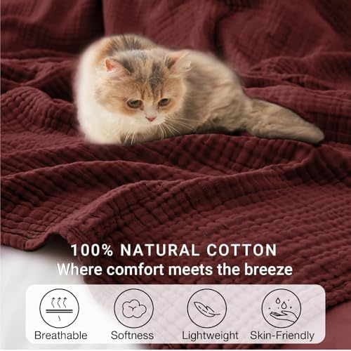 100% Cotton Muslin Blanket Queen 90" x 90", 6 Layers Breathable and Lightweight Cotton Throw Blankets for Bed, Soft Cooling Summer Gauze Blanket for Adults All Season, Burgundy - Image 6