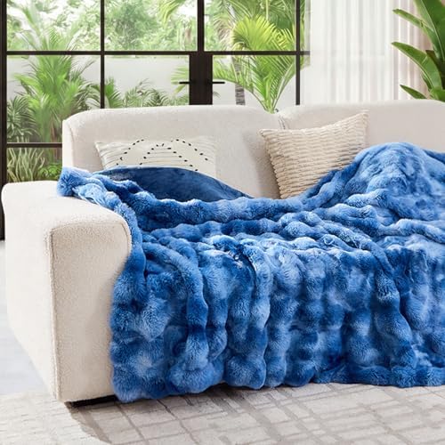 Lotus Karen Faux Fur Throw Blanket Tie-Dye Blue - Big Bubble Rabbit Fluff Blanket for Couch,Small Fluffy Fuzzy Cozy Blanket,Thick Furry Plush Shaggy Blankets,60x80 Inches - Image 2
