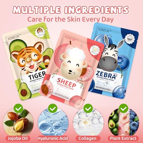 28 Pack Animal Collagen Face Masks for Girls, Bulk Hydrating Face Mask - Image 3