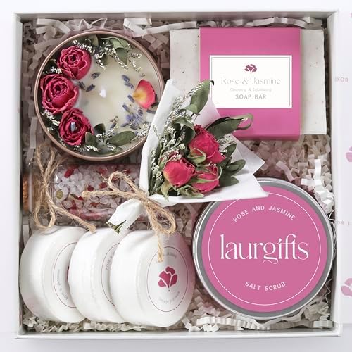 Birthday Gifts for Women – Rose & Jasmine Spa Gift Set & Self Care Basket, Relaxing Bath Box, Spa Basket for Her, Mom, Friend by LaurGifts