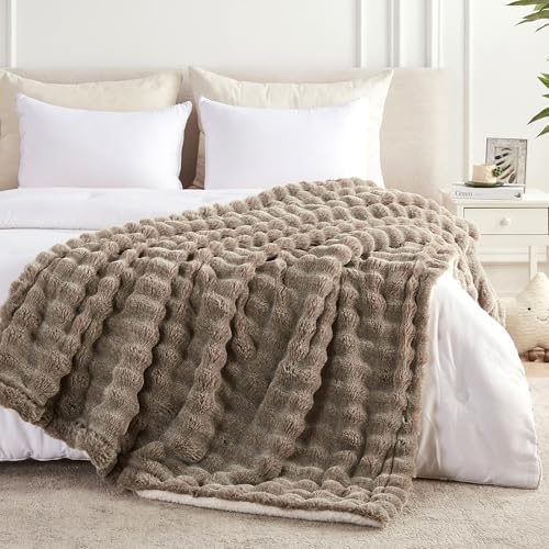 60x80 Inches Ultra-Soft Fuzzy Faux Fur Plush Twin Size Blanket - Thick, Warm Sherpa for Couch, Sofa, Bedroom, Camping - Decorative Blanket for Cozy Warmth, Bubble Dark Brown - Image 6