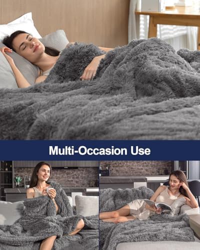 Pawque Faux Fur Throw Blankets Queen Size Fluffy Soft, Grey, 90x90 inches - Image 5