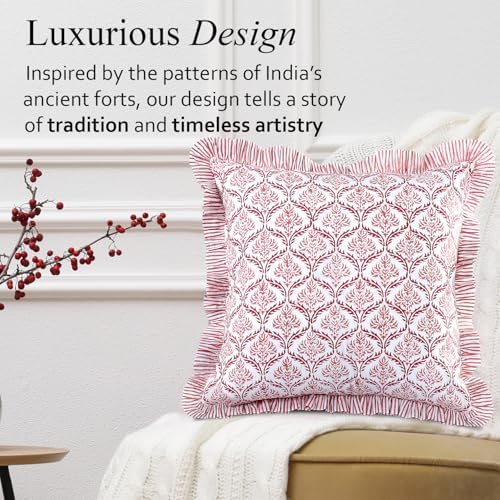 CPC Blush Rose Hand Block Print 100% Cotton Ruffle Throw Pillow Cover 18x18 inch with Hidden Zipper Decorative for Couch, Bed, Sofa, Farmhouse, Cottagecore Decor Gift Christmas Fall Thanksgiving - Image 4