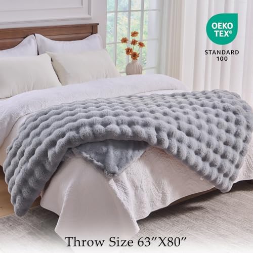 BENVWE Fluffy Faux Fur Throw Blanket for Couch, Soft Plush Thick Cozy Fuzzy Luxury Minky Bubble Blanket for Home Living Room Decor Gift for Women, Light Grey, 63" x 80", 1100GSM - Image 2