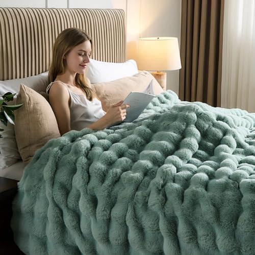 Lotus Karen Faux Fur Throw Blanket Sage Green - Big Bubble Rabbit Fluff Blanket for Couch Bed Sofa,Softest Fluffy Fuzzy Cozy Blanket, Plush Thick Furry Shaggy Warm Blankets for Women,50x60 Inches - Image 5