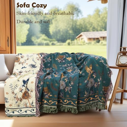 VANJOROY Boho 100% Cotton Large Throw Blanket - All Season Rustic Ultra Soft Breathable Floral Bird King Blanket for Bed Sofa Couch Chair Bedspread Quilt Gift, 91" x 98"-Teal/Beige - Image 2