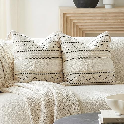 BlissBlush Decorative Throw Pillow Covers 18x18 Combo Set of 2 Square Boho Black Neutral Accent Pillowcase Tassels Farmhouse Cushion for Couch Sofa Bedroom Living Room Home Décor Cover ONLY by BlissBlush