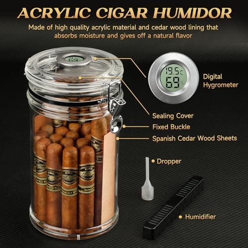 XIFEI Acrylic Humidor Jar with Digital Hygrometer, Tall Design Storage Case Fits Long Cigar, Humidifier & Spanish Cedar Wood Veneer, Portable Travel Humidor for 15-20 Cigars - Image 2