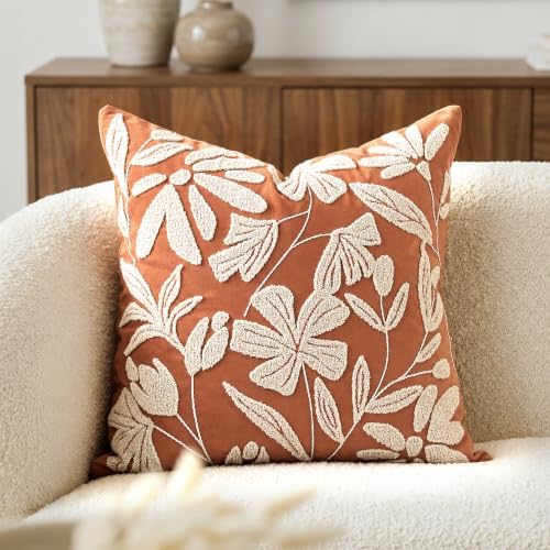 BlissBlush Throw Pillow Cover 20x20 Inch, Rust Terracotta Floral Tufted Velvet Decorative Accent Pillow Case for Sofa Bed Living Room, Cover Only by BlissBlush