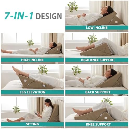 Bedluxe Wedge Pillow for Sleeping, Adjustable 9&12 Inch Foldable Bed Wedge Pillow Set, Orthopedic Memory Foam Triangle Pillows Wedge, 7-in-1 Elevated Pillows for Leg and Back Support, Brown - Image 2