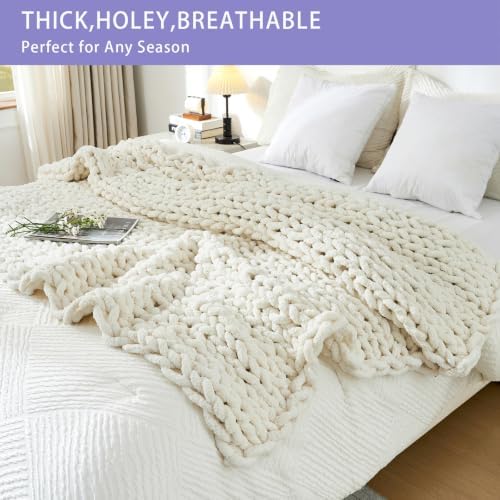 Bigacogo Chunky Knit Throw Blanket for Couch, 40x80 inches, Vintage White - Image 4