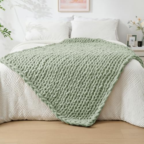 Bigacogo Chunky Knit Throw Blanket for Couch, 40x60 inches, Sage Green by Bigacogo