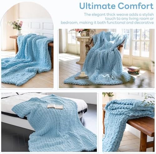 Chunky Knit Throw Blanket for Couch，40x50 Inches Light Blue - Image 3
