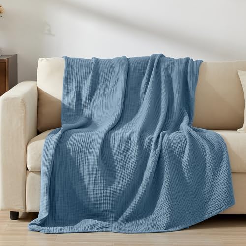 PHF 100% Cotton Muslin Blanket King Size 108"x90", 4-Layer Lightweight Gauze Throw, Breathable Cloud-Soft Minimalist Blanket for Bed, Couch, Camping & Baby, Denim Blue, Ideal Gift - Image 6
