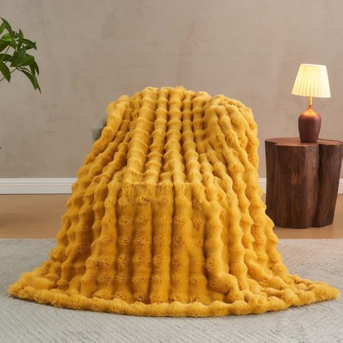 Lotus Karen Faux Fur Throw Blanket Ginger Yellow - Big Bubble Rabbit Fluff Blanket for Couch Bed Sofa,Softest Fluffy Fuzzy Cozy Blanket,Thick Furry Plush Shaggy Warm Blankets for Women,50x60 Inches by LotusKaren