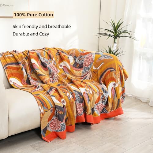 VANJOROY Boho Large Throw Blanket, 100% Organic Muslin Cotton Breathable Soft Bed Throw - Floral Bird Farmhouse Decor Blanket for Sofa Couch Chair Quilt and Gift. 80" x 90"- Colorful - Image 3