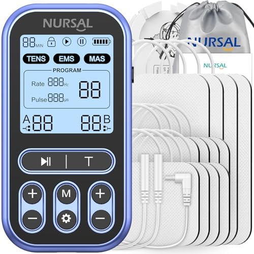 NURSAL 60 Modes TENS Unit Muscle Stimulator for Pain Relief Therapy, 3-in-1 Dual Channel EMS Muscle Stimulator for Back, Shoulder, Neck, Knee, Sciatica, Rechargeable TENS Machine with 12 TENS Pads by NURSAL
