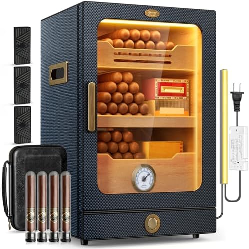 Tesonway Cigar Humidor, Desktop Cigar Humidor Cabinet Light Control System with Spanish Cedar Wood Shelves, Hygrometer, 3 Humidifiers and Cigar Accessories Drawer, for Men (Carbon Fiber) by Tesonway