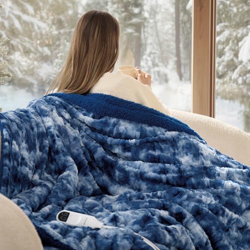 Bedsure Faux Fur Heated Blanket Throw Blanket, Fast Heating Electric Blanket with 6 Heating Levels & 4 Time Settings, Cozy Gifts for Women Men (50x60 inches, Denim Blue) by Unknown
