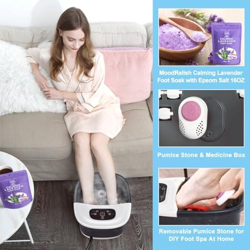 Foot Spa Bath Massager with Heat Bubbles and Vibration Massage and Jets, 16 OZ Calming Lavender Foot Soak Epsom Salt, MoodRelish Foot Soaker with Red Light, 22 Massage Rollers, Adjustable Temp - Grey - Image 4