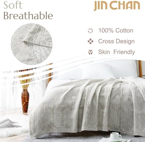 jinchan 100% Cotton Muslin Blanket Queen Boho Bed Blanket 80x90 Light Gray - Image 2