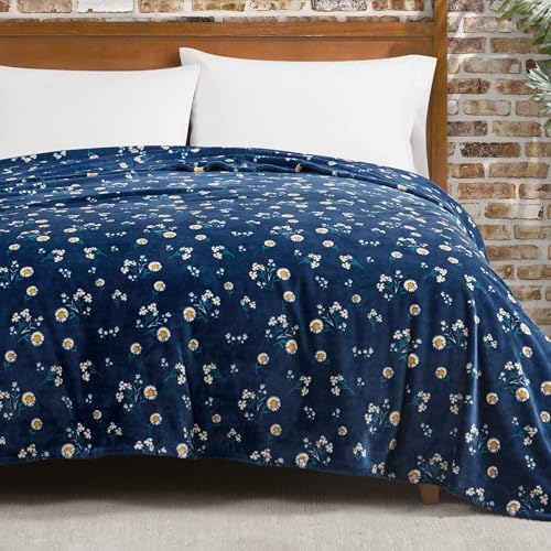 Lucky Brand Daisy Navy Blue Floral 90"X90" Cozy Plush Blanket - Premium Microfiber Throw for Luxurious Comfort and Style Full/Queen Size by LuckyBrand