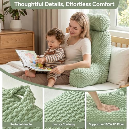 Reading Pillow for Bed with Adjustable Neck Support,XXL Green Corduroy - Image 4