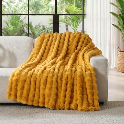 Lotus Karen Faux Fur Throw Blanket Ginger Yellow - Big Bubble Rabbit Fluff Blanket for Couch Bed Sofa,Softest Fluffy Fuzzy Cozy Blanket,Thick Furry Plush Shaggy Warm Blankets for Women,50x60 Inches - Image 2