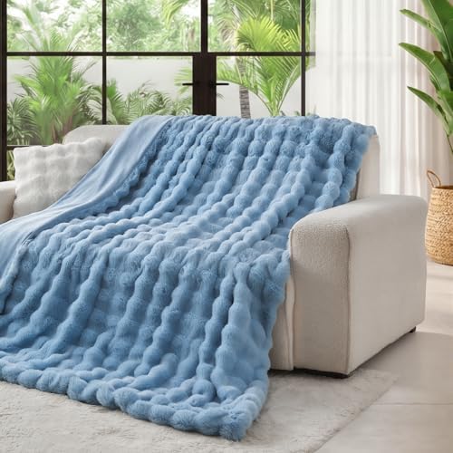 Lotus Karen Fuzzy Throw Blanket Blue - Big Bubble Faux Rabbit Fur Blanket for Couch,Softest Cozy Fluffy Blanket,Thick Furry Plush Shaggy Warm Blankets for Women,50x60 Inches - Image 2