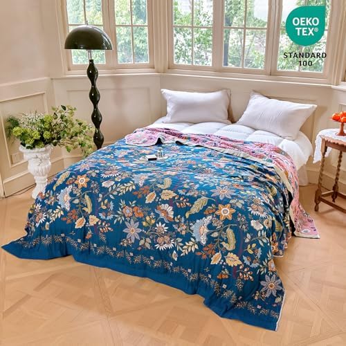 MSGKV Boho Throw Blanket 50"x60" Summer Cotton Blue Floral Throw for Couch - Image 6