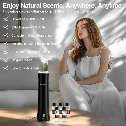 Hotel Scent Diffuser Starter Kit - 1500 Sq Ft Coverage, Premium Plastic Essential Oil Diffuser, Waterless Diffuser for Home, Hotel, Office, 5 Scent Essential Oils Included, Large Room, Black, 11In - Image 2