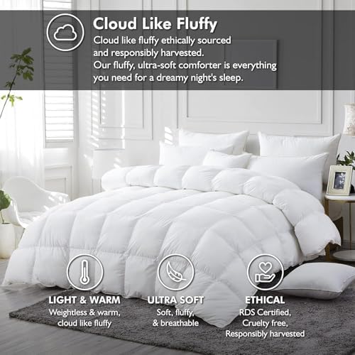 Luxurious White Solid Medium Weight, Oversize Queen Size Goose Feathers Down Comforter for All-Season, 98 X 98 inches, Premium Baffle Box, 100% Egyptian Cotton Cover, 80 oz. Fill Weight - Image 2