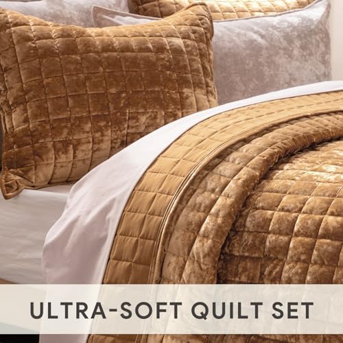 RECYCO Channel Box Stitch Velvet Quilt Set, King Size, Caramel Gold - Image 5