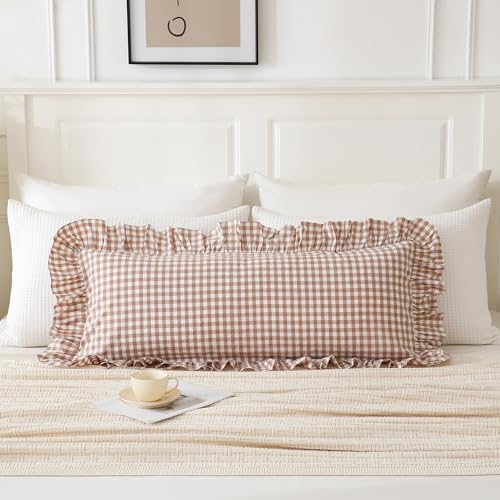 14x36 inches Taupe Plaid Ruffle Gingham Lumbar Throw Pillow Cover - Image 2
