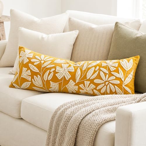 BlissBlush Long Lumbar Pillow Cover 14x36 for Bed, Mustard Floral Tufted Velvet Accent Oversize Throw Pillowcase for Bedroom, Cover Only - Image 5