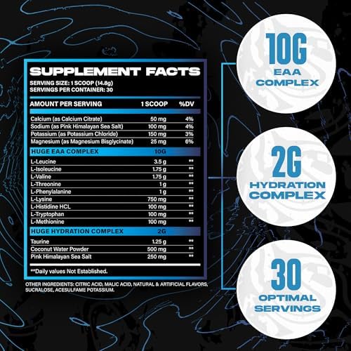 Huge EAA + Hydration, Essential Amino Acids Powder, EAAs & BCAAs, Intra & Post Workout Recovery Powder, Muscle Growth, Recovery & Performance, 10g EAAs & Electrolytes, 30 Servings (Blue Raspberry) - Image 4