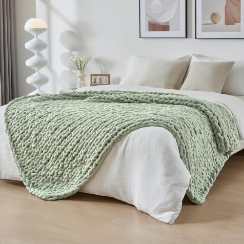 Bigacogo Chunky Knit Throw Blanket for Couch, 51x63 inches, Sage Green by Bigacogo