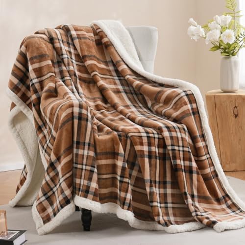 PU MEI Sherpa Fleece Throw Blanket 60" x 80" Reversible Plush Fluffy Large Big Blanket Lattice Flannel Blankets for All Season Use, Mocha Brown by HOME